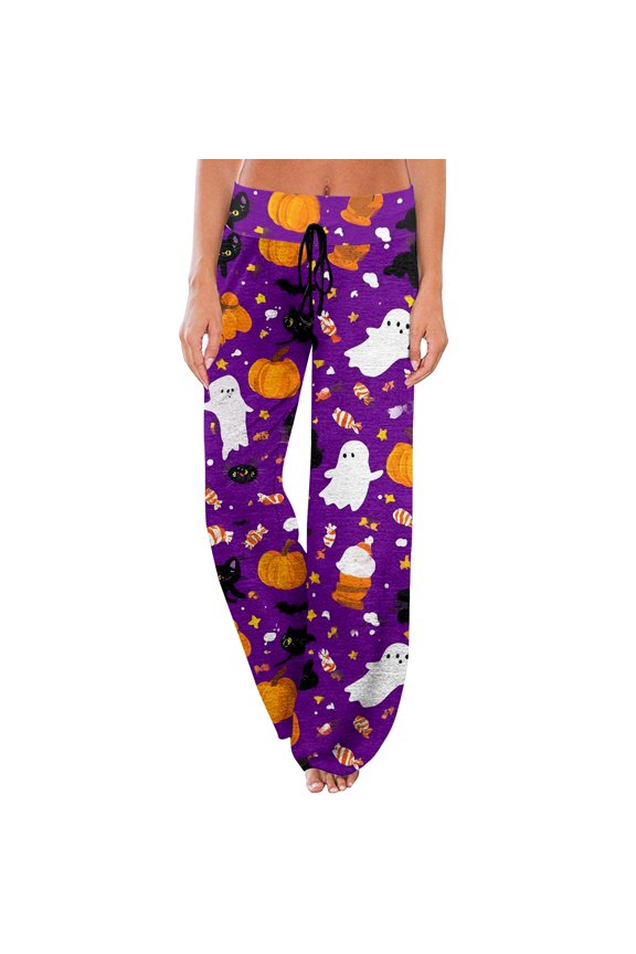 Womens Halloween Pajamas Pant Horror Blood Rose Print Drawstring House Bottom Cozy Comfortable Skeleton Autumn Pants Dark Purple S