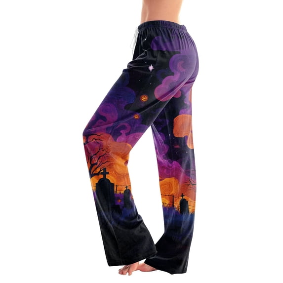 IYYVV Womens Halloween Pajamas Pants Casual Pumpkin Ghost Print Lounge Trousers Comfy Lightweight Elastic Waist Drawstring Sleepwear Bottoms Navy M