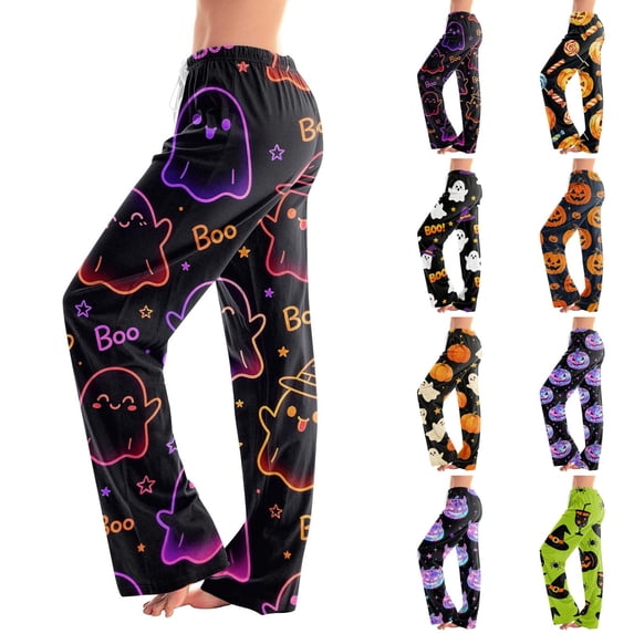 IYYVV Womens Halloween Pajamas Pants Cute Pumpkin Ghost Funny Print Palazzo Sleepwear Lounge PJ Bottoms Casual with Drawstring and Pockets 2026 Orange M