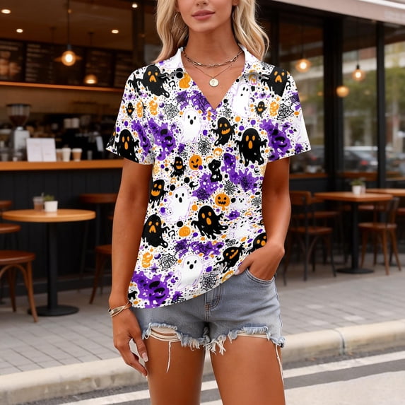 IYYVV Womens Halloween Polo Shirts Hawaiian Golf Shirts Short Sleeve Funny Ghost Pumpkin Printed Athletic Sport Golf Top Beige 2XL