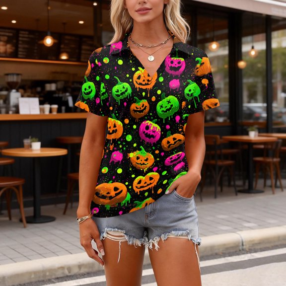 IYYVV Womens Halloween Polo Shirts Hawaiian Golf Shirts Short Sleeve Funny Ghost Pumpkin Printed Athletic Sport Golf Top Green S