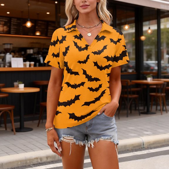 IYYVV Womens Halloween Polo Shirts Hawaiian Golf Shirts Short Sleeve Funny Ghost Pumpkin Printed Athletic Sport Golf Top Yellow S