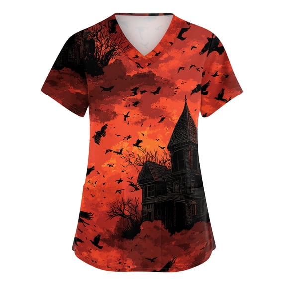 IYYVV Womens Halloween Scrub Top Pumpkin Ghost Plus Size Nursing Shirts Print Baggy Scrubs with Pockets Wine 4XL