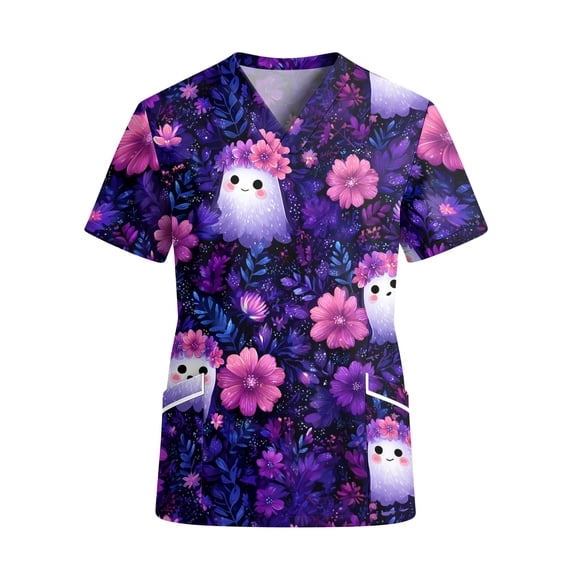 IYYVV Womens Halloween Scrub Top Pumpkin Ghost Short Sleeve Nursing Tops Stretchy Plus Size Nursing Tops with Pocket Purple L