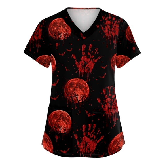 IYYVV Womens Halloween Scrub Top Pumpkin Ghost V Neck Nursing Uniforms Print V Neck Medical Nursing Uniforms with 2 Pockets Red 3XL