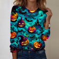 thumbnail image 1 of IYYVV Womens Halloween Shirts Long Sleeve Crewneck Casual Dressy Tops Funny Ghost Pumpkin Graphic Halloween Fall Fashion Tops Cyan XL, 1 of 7
