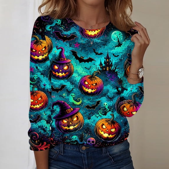 IYYVV Womens Halloween Shirts Long Sleeve Crewneck Casual Dressy Tops Funny Ghost Pumpkin Graphic Halloween Fall Fashion Tops Cyan XL