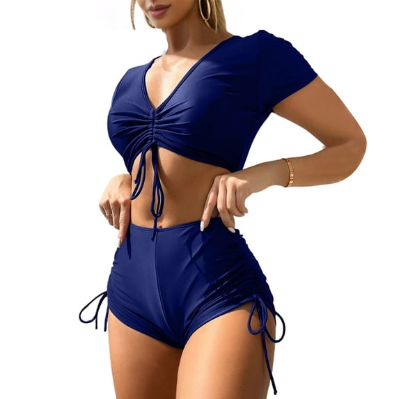 IYYVV Womens High Waisted Bikini Sets Short Sleeve V Neck Two Piece Swimsuit Ruched Side Tie Bathing Suit Navy 2XL