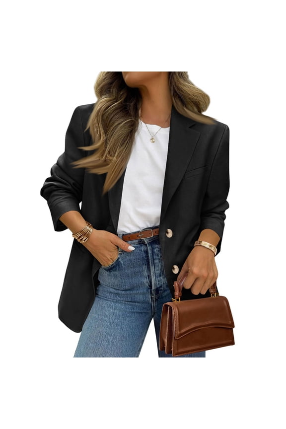Womens Long Sleeve Blazer Jacket Lightweight Classy Business Work Office Button Suit Long Sleeve Lapel with Pockets Black L