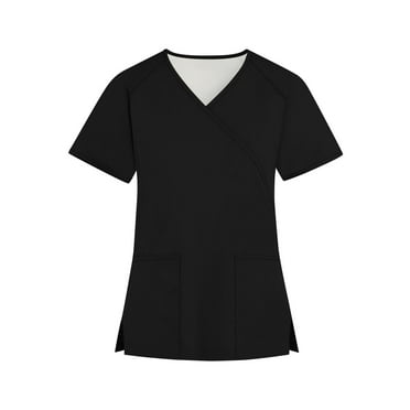 IYYVV Womens Nursing Scrub Tops Working Uniform Solid Color Short Sleeve V Neck Workwear Blouse T-shirt with Pockets Black M