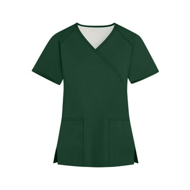 IYYVV Womens Nursing Scrub Tops Working Uniform Solid Color Short Sleeve V Neck Workwear Blouse T-shirt with Pockets Green M