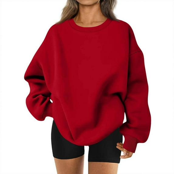 IYYVV Womens Oversized Long Sleeve Sweatshirts Casual Crewneck Plain Pullover Tops Y2K Hoodie Clothes with Pockets Red XL