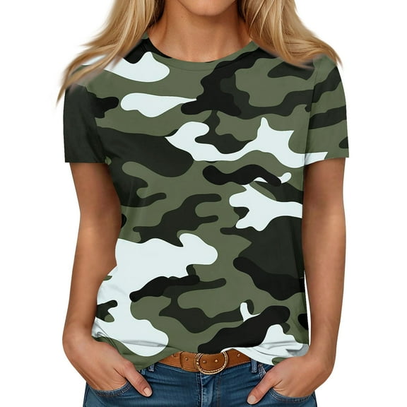 IYYVV Womens Plus Size Summer Tops Short Sleeve Dressy Gym Shirts Crewneck Cotton Tunic Tops For Women Camouflage Oversized Tees Spring Clothes Teen Girls Green L