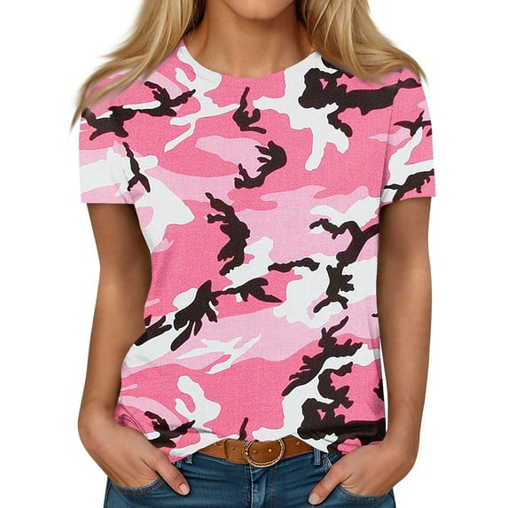 IYYVV Womens Plus Size Tops Summer Short Sleeve Round Neck Western Shirts For Women Camo Tshirts Cotton Dressy Casual Tunic Tops Spring Funny Sweatshirt Pink XL