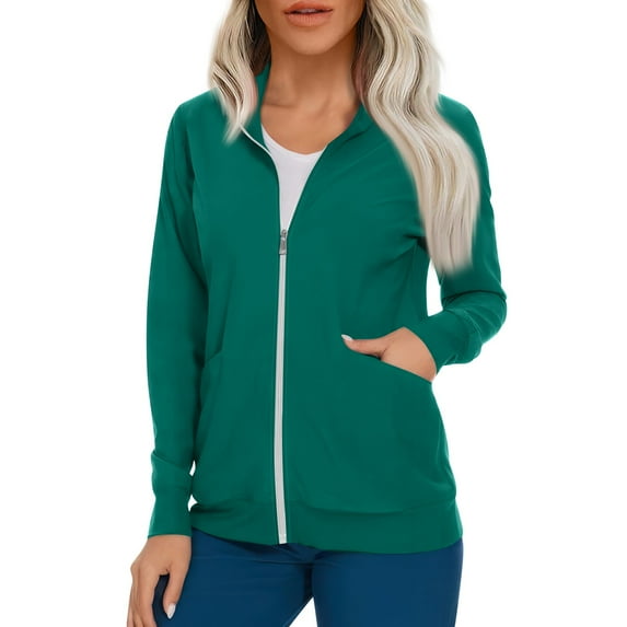 IYYVV Womens Scrubs Plus Size Stretch Scrub Jackets for Women Full Zip Up Long Sleeve Cardigan Nursing Tops Easy Care Workwear Working Uniform Green M