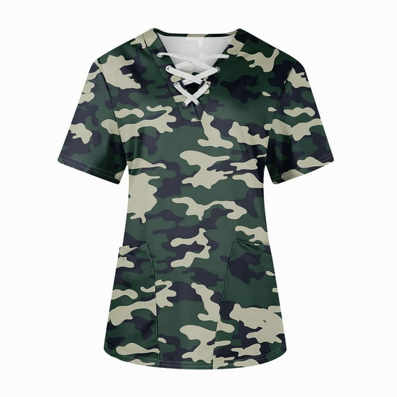 IYYVV Womens Scrubs Top Medical Workwear Cross V Neck Graphic Camo Print Working Nurse Uniforms Plus Size Stretchy Nursing Short Sleeve Tee Tops with Pockets Dark Green 3XL