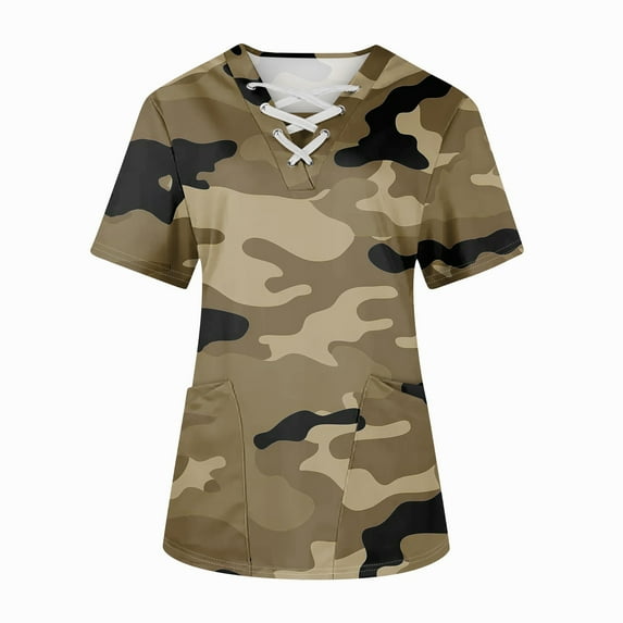 IYYVV Womens Scrubs Top Medical Workwear Cross V Neck Graphic Camo Print Working Nurse Uniforms Plus Size Stretchy Nursing Short Sleeve Tee Tops with Pockets Brown 4XL