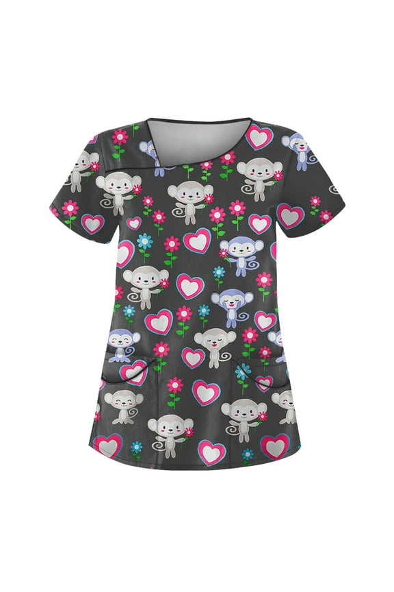 Womens Scrubs Top Plus Size Stretchy Nurse Working Uniform V Neck Valentine's Day Heart Print Healthcare Workwear with Pockets Black 4XL