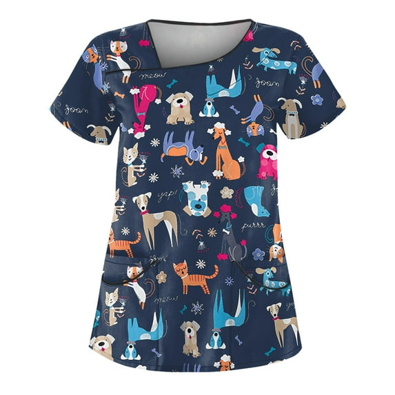 IYYVV Womens Scrubs Top Plus Size Stretchy Nurse Working Uniform V Neck Valentine's Day Heart Print Healthcare Workwear with Pockets Royal Blue L