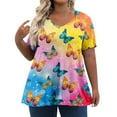 thumbnail image 1 of IYYVV Womens Shirts Plus Size Short Sleeve Casual Summer Y2K Tops V Neck Trendy Tunic Tops For Women Loose Fit Butterfly Print Western Graphic Tees Clothing Fall Fashion 2024 Yellow L, 1 of 7