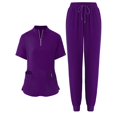 thumbnail image 1 of IYYVV Womens Stretch Zipper Mock Neck Scrubs Set, Medical Nursing Tops with Six Pocket Scrubs Jogger Pants Purple XL, 1 of 6