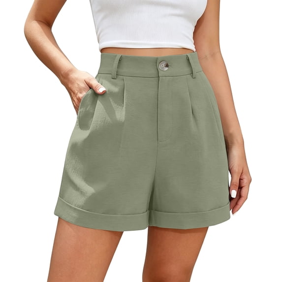 IYYVV Womens Summer High Waist Cotton Linen Shorts Roll Up Pleated Wide Leg Shorts with Pockets Mint Green L