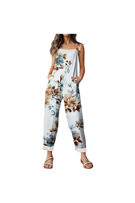 Womens Summer Jumpsuit Oversized Wide Leg Spaghetti Strap Casual Vacation Baggy Overalls Boho Floral Print Rompers Light Blue S