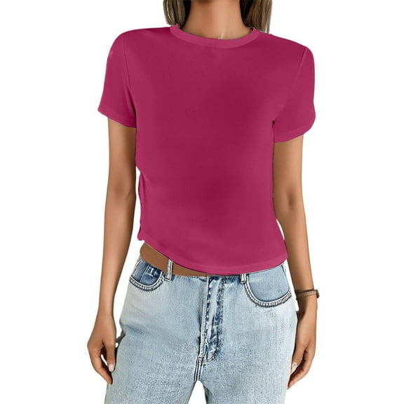 IYYVV Womens Summer Tops Crew Neck T Shirts Beach Vacation Clothes Short Sleeve Shirts for Women Basic Tee Hot Pink M