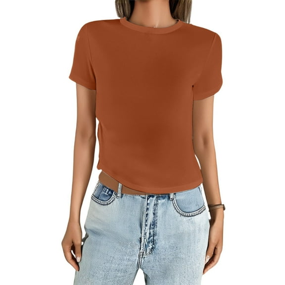 IYYVV Womens Summer Tops Crew Neck T Shirts Beach Vacation Clothes Short Sleeve Shirts for Women Basic Tee Orange M