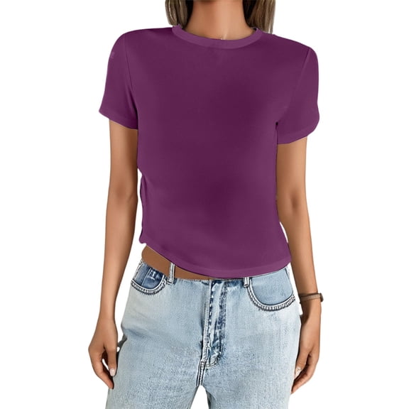 IYYVV Womens Summer Tops Crew Neck T Shirts Beach Vacation Clothes Short Sleeve Shirts for Women Basic Tee Purple M