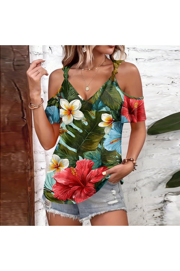 Womens Summer Tops V-Neck Off the Shoulder Short Sleeve Loose Fit Basic Tee Shirts Floral Graphic Blouses Green 2XL