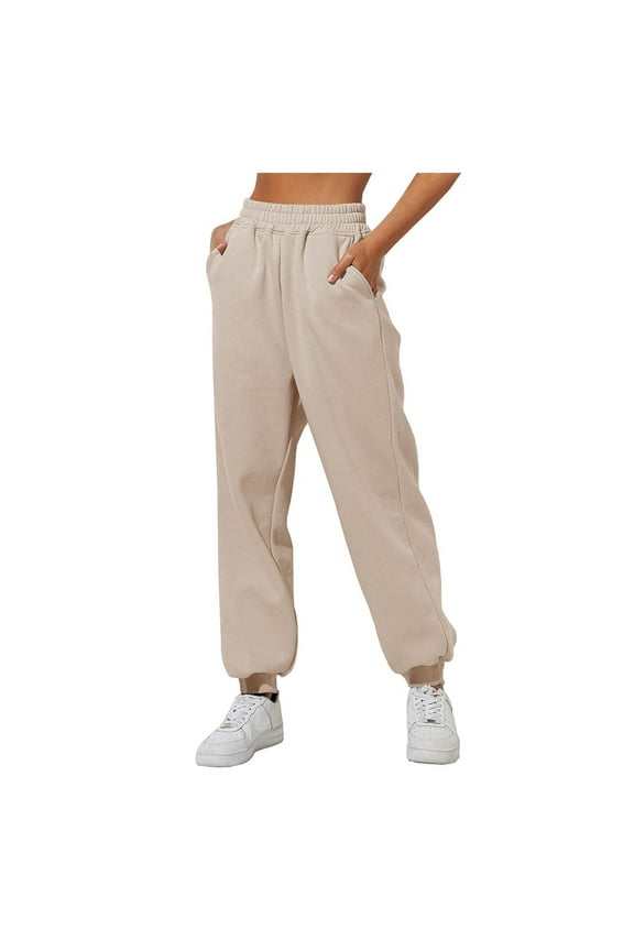 Womens Sweat Pants with Pockets Elastic Waistband Petite Lounge Pants Baggy Sweatpants Solid Color Sweatpants Joggers Khaki S