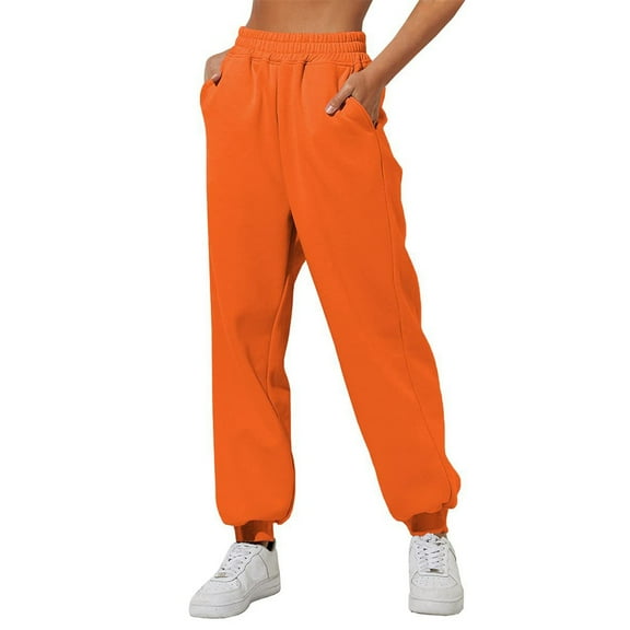 IYYVV Sweatpants for Women with Pockets Elastic Waist Pants Cinch Bottom Pants Solid Color Womens Joggers Sweatpants 2024 Orange M