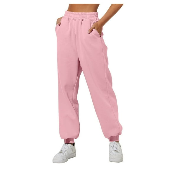 IYYVV Sweatpants for Women with Pockets Elastic Waist Pants Cinch Bottom Pants Solid Color Womens Joggers Sweatpants 2024 Pink L