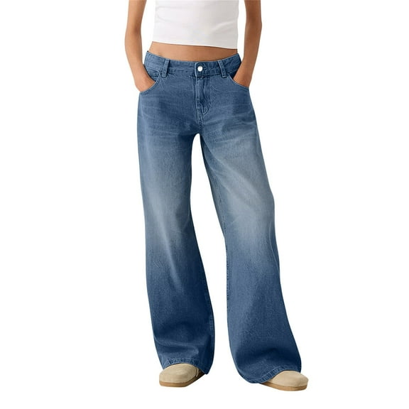 IYYVV Womens Sweatpants Jeans Boyfriend High Waited Baggy Wide Leg Denim Jeans Y2K Streetwear Loose Fit Pants with Pocket Blue M