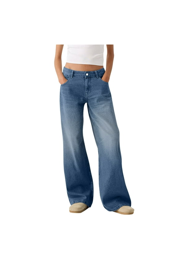 Womens Sweatpants Jeans Boyfriend High Waited Baggy Wide Leg Denim Jeans Y2K Streetwear Loose Fit Pants with Pocket Blue M