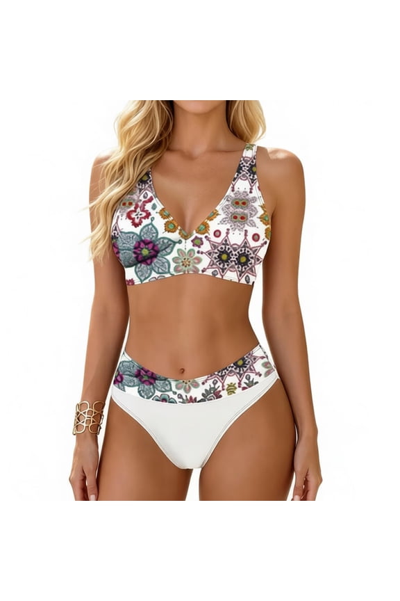 Womens Swimsuit Print High Waisted Bikini Sets Sporty Smooth Tummy Control Bathing Suits Halter Print Swim Suits White S