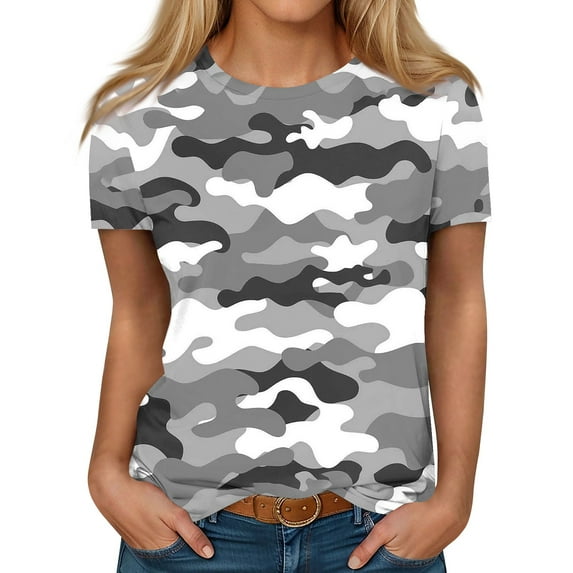 IYYVV Womens Tops Dressy Casual Short Sleeve Shirts For Teens Crew Neck T Shirts For Women Camouflage Graphic Blouses Summer Spring Clothes 2024 Gray 3XL