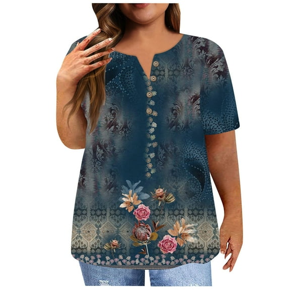 IYYVV Womens Tops Plus Size Summer Flowy Soft Button Down V Neck Maternity Shirts Floral Pattern T-Shirt Short Sleeve Tunic Sweatshirt Fall Workout Clothes Navy 4XL