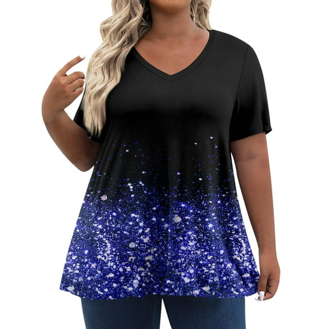 IYYVV Womens Tops Plus Size Summer V Neck Shirts For Women Trendy Sparkly Graphic Short Sleeve Oversized Tshirts Graphic Fall Tunic Tops 2024 Y2K Sweatshirt Workout Clothes Purple 2XL