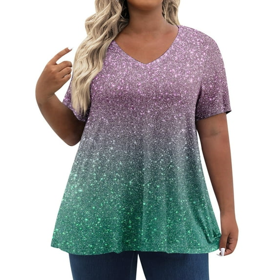 IYYVV Womens Tops Short Sleeve Plus Size Casual Soft V-Neck Shirts For Women Trendy Tie Dye Graphic Tees Blouses Summer Clothes Fall Fashion 2024 Dark Purple XL