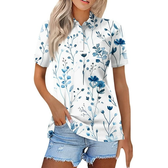 IYYVV Womens Tops Short Sleeve Plus Size Floral Print Polo Shirts V Neck Summer Casual Dressy Tees 2025 Button Down Blouses Light Blue XL