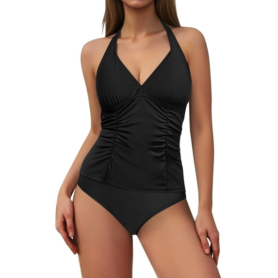 IYYVV Womens Two Piece Swimsuits Tummy Control Tankini Plus Size Tummy Control Bathing Suit Halter V Neck Swimwear Black XL