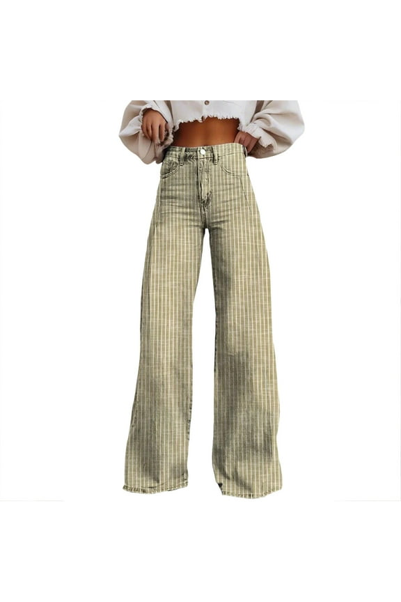 Women Y2K Striped Jeans Wide Leg Bootcut Flare Boyfriend Baggy Stretchy High Waisted Trendy Denim Pants with Pockets Yellow M