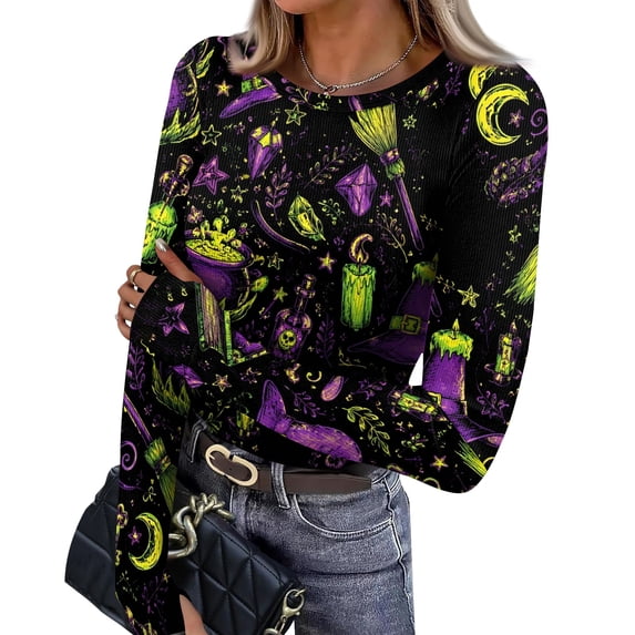IYYVV Womnes Halloween Shirts Ribbed Round Neck Slim Fitted T Shirts Classic Pumpkin Print Long Sleeve Tee Top Green M