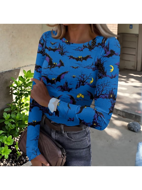 Womnes Halloween Shirts Ribbed Round Neck Slim Fitted T Shirts Classic Pumpkin Print Long Sleeve Tee Tops Dark Blue M