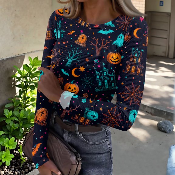IYYVV Womnes Halloween Shirts Ribbed Round Neck Slim Fitted T Shirts Classic Pumpkin Print Long Sleeve Tee Tops Multicolor 2XL
