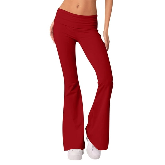 IYYVV Yoga Pants Flare Fold Over Waist Sweatpants for Women Boot Cut Fleece Pants Women Winter Skinny Fleece Sweatpants Women Solid Color Tights Soft Fluffy Pajama Pants Y2k Dark Red S