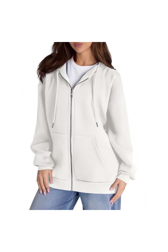 Zip Up Hoodie Women Zip Up Lightweight Sweatshirts Long Sleeve Loose Fit Workout Plain Hoodies Fall Fashion 2025 White 3XL