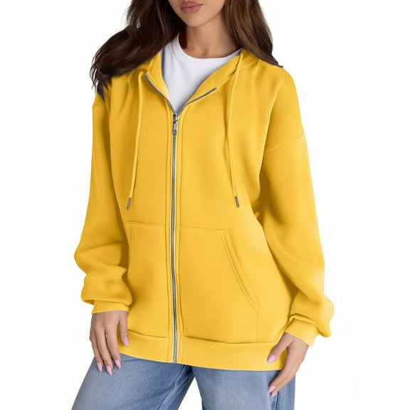 IYYVV Zip Up Hoodie Women Zip Up Lightweight Sweatshirts Long Sleeve Loose Fit Workout Plain Hoodies Fall Fashion 2025 Yellow M
